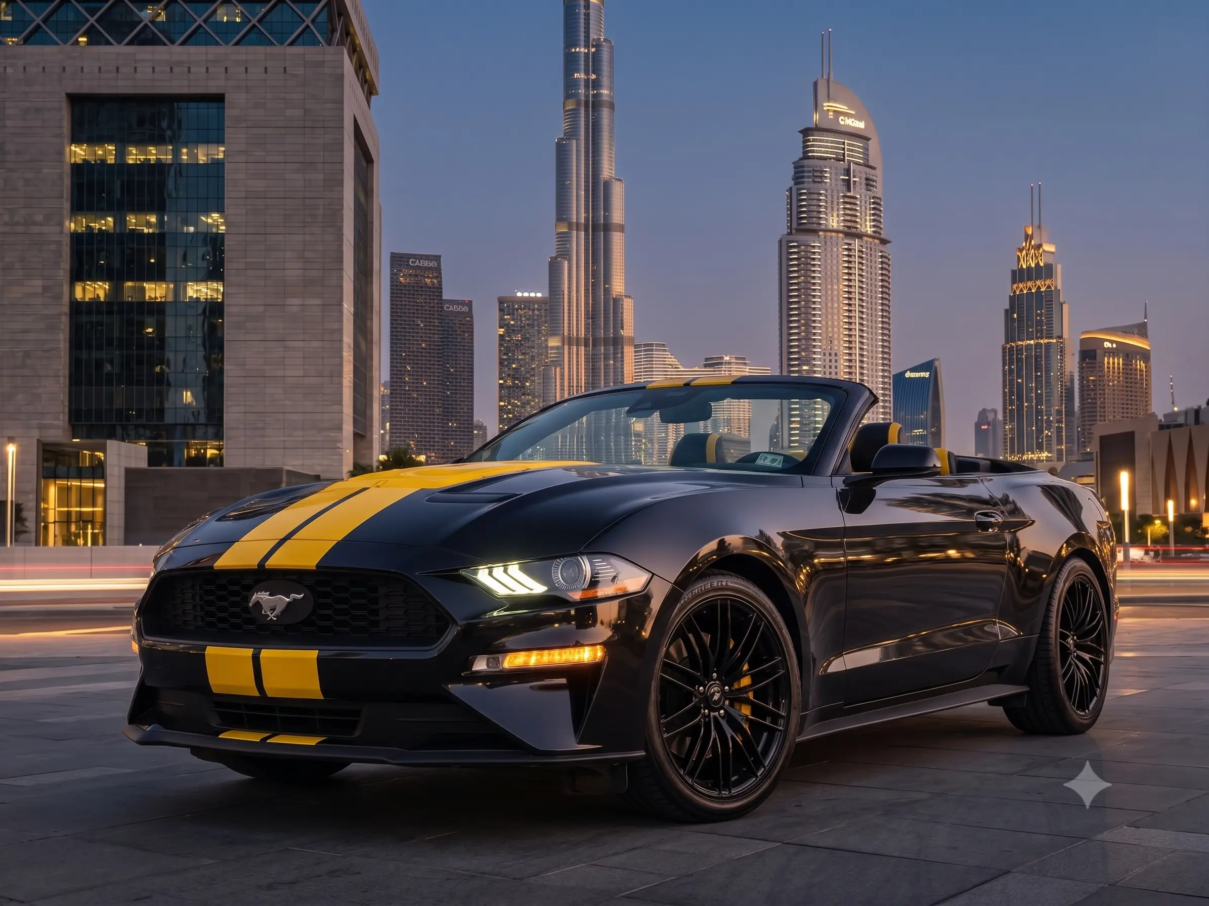 Enhanced Premium Black Mustang Convertible against Dubai Night Skyline